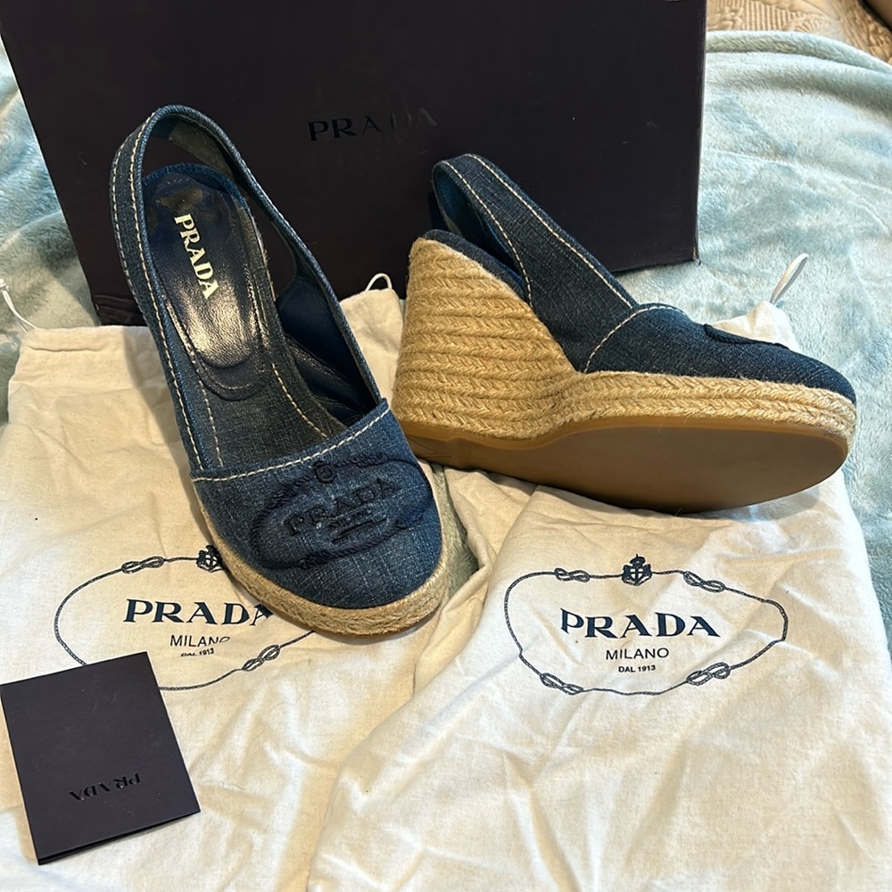PRADA Denim Espadrille Italian Wedge Slingback Sandals-sz 39.5 (8.5-9 runs small